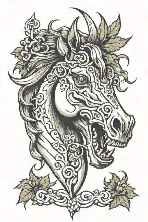 horse head, grapevine, teeth tattoo design idea