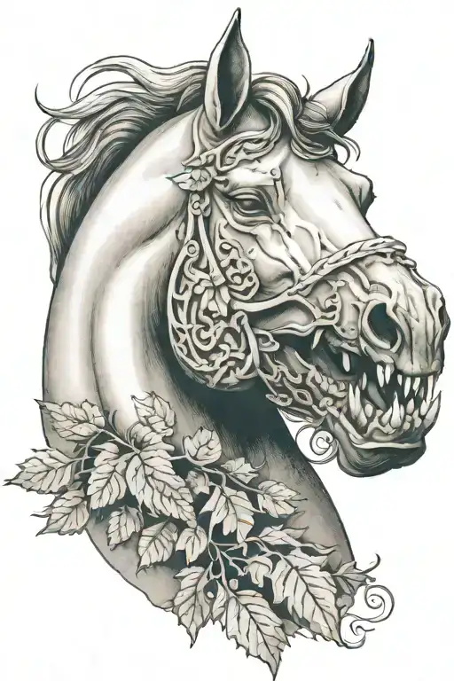 horse head, grapevine, teeth tattoo design idea