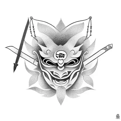 japanese mask with dagger tattoo design idea