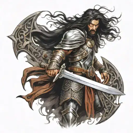 fantastic paladin warrior with a sword in battle axe in hand long dark hair tattoo design idea