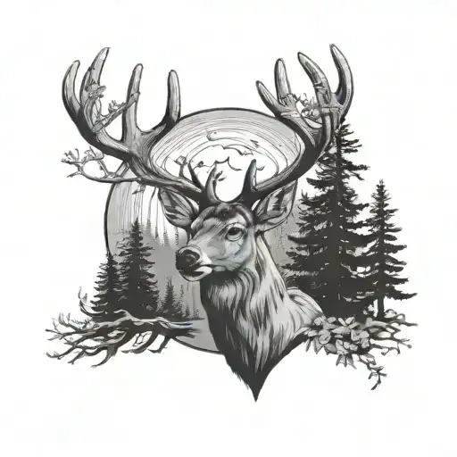 Outdoor scene featuring deer head with trees tattoo design idea