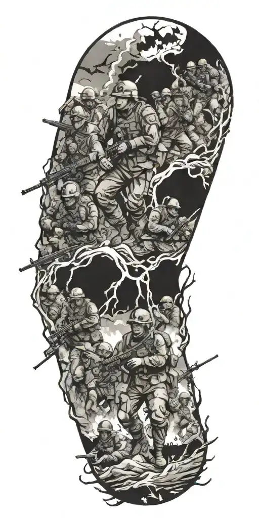 A haunted battlefield scene with soldiers and ghosts intertwined tattoo design idea