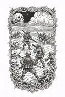 A haunted battlefield scene with soldiers and ghosts intertwined tattoo design idea