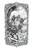 A haunted battlefield scene with soldiers and ghosts intertwined tattoo design idea