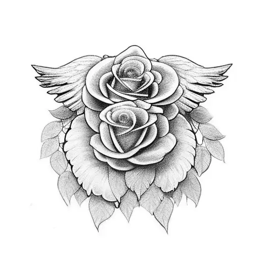 simple angel wings, one of which is made of roses and leaves. Add a halo above. tattoo design idea