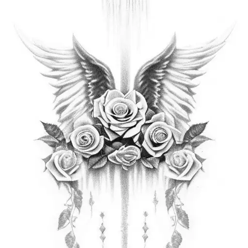 angel wings, one of which is made of roses and leaves. Add a halo above. tattoo design idea