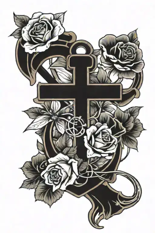 anchor with cross,rose, orchid, poppies intertwined tattoo design idea