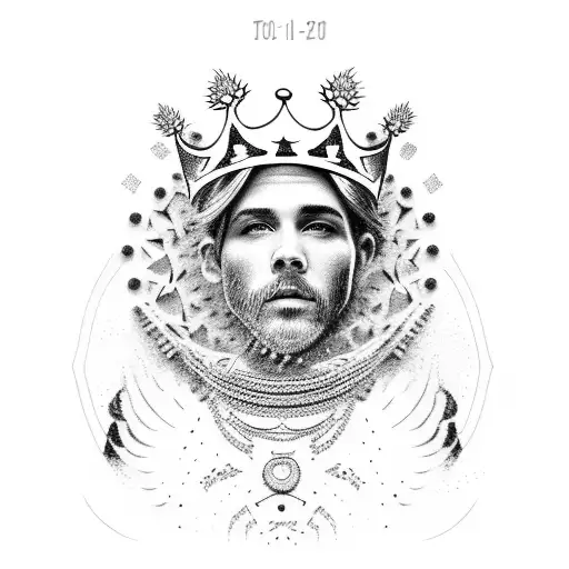 A dotwork tattoo of a wheat king sitting on a throne made of guitars, with a crown made of wheat on his head tattoo design idea