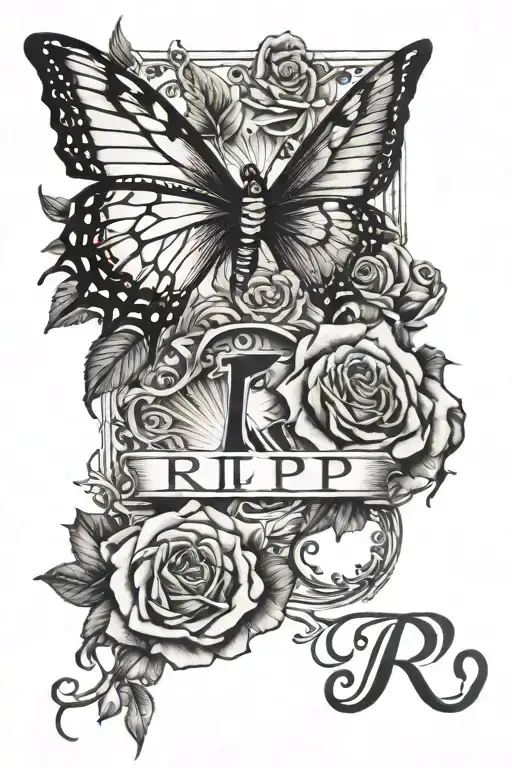 butterflies and roses with a small dove flying and letters that say R.I.P with the date of 04/17/19975 - 06/04/2024  tattoo design idea
