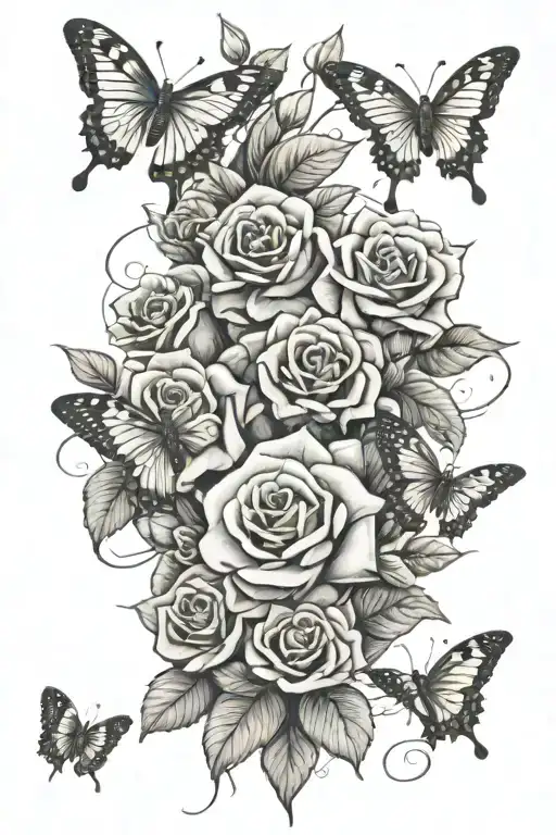 butterflies and roses with a small dove flying with the numbers 04-17-1975 to 06-04-2024 tattoo design idea
