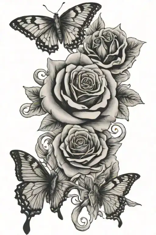 butterflies and roses with a small dove flying with the date of 04/17/19975 - 06/04/2024  tattoo design idea