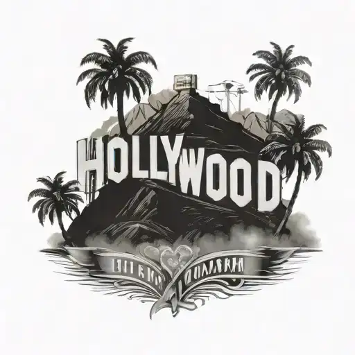 Back tattoo, the Hollywood sign but the letters are HYEWOOD instead, traditional Armenian Power 13 style ink, chicano  tattoo design idea