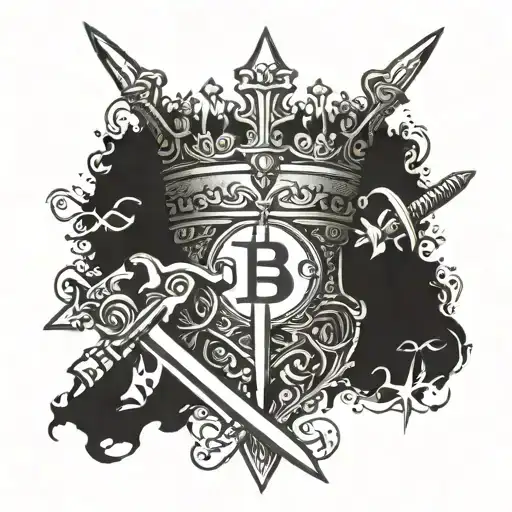 king's crown with a bitcoin symbol and sword with "Aut inveniam viam aut faciam" written on the sword's blade tattoo design idea