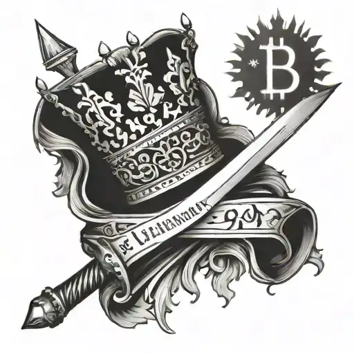 king's crown with a bitcoin symbol and sword and "Aut inveniam viam aut faciam" written on the sword's blade tattoo design idea
