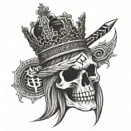 Medieval king's crown with a bitcoin symbol and sword and the words Aut inveniam viam aut faciam written on the sword tattoo design idea