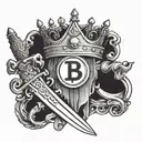 king's crown with a bitcoin symbol and sword with "Aut inveniam viam aut faciam" written on the sword's blade tattoo design idea