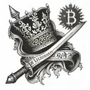 king's crown with a bitcoin symbol and sword and "Aut inveniam viam aut faciam" written on the sword's blade tattoo design idea