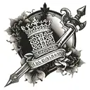 king's crown with a bitcoin symbol and sword and "Aut inveniam viam aut faciam" written on the sword's blade tattoo design idea