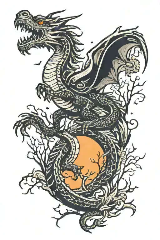 dragon in woods at night sky tattoo design idea