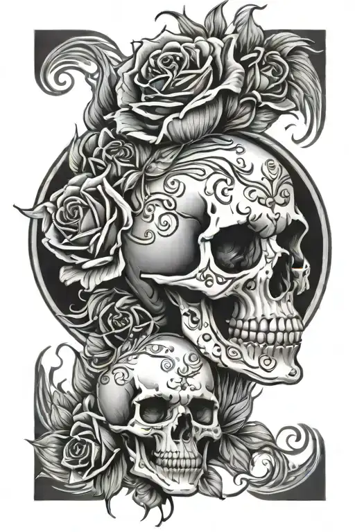skull roses flames girl tattoo design idea