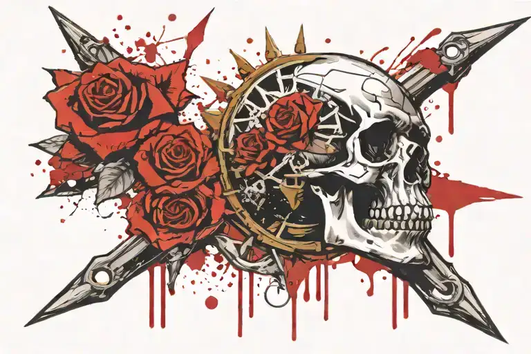 skull rose flag and ship wheel tattoo design idea