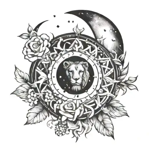 A black and white whimsical tattoo of the Leo zodiac symbol, the Leo constellation, a waning crescent moon, and two (2)  tattoo design idea