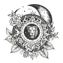 A black and white whimsical tattoo of the Leo zodiac symbol, the Leo constellation, a waning crescent moon, and two (2)  tattoo design idea