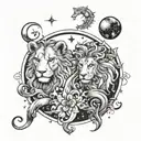 A black and white whimsical tattoo of the Leo zodiac symbol, the Leo constellation, a waning crescent moon, and two (2)  tattoo design idea