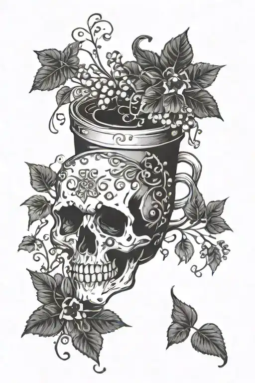 Gemini Books Coffee Skull Vines tattoo design idea