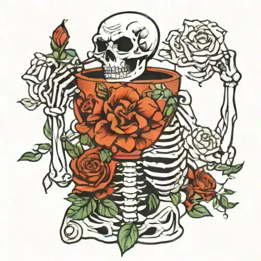 skeleton drinking coffee flowers tattoo design idea