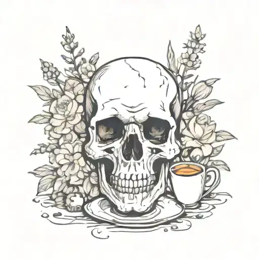 skull drinking coffee surrounded by flowers  tattoo design idea