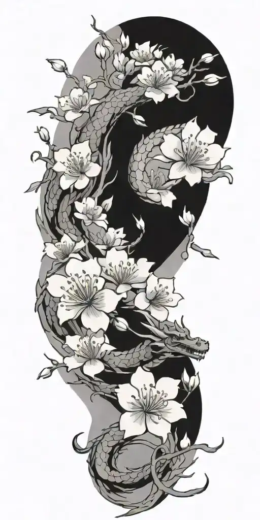 dragon cherry blossom branch pedal falling tattoo design idea