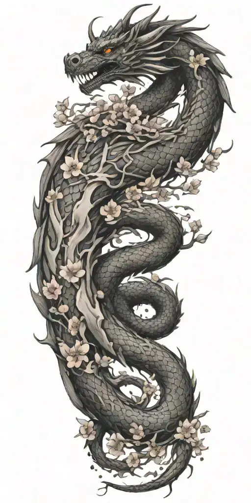 dragon coil and cherry blossom petals falling tattoo design idea