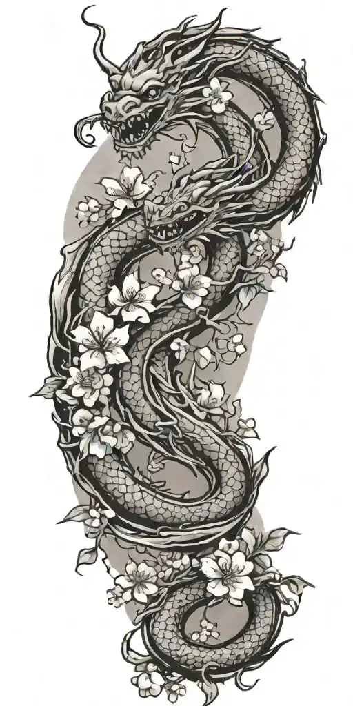 dragon cherry blossom branch pedal falling tattoo design idea