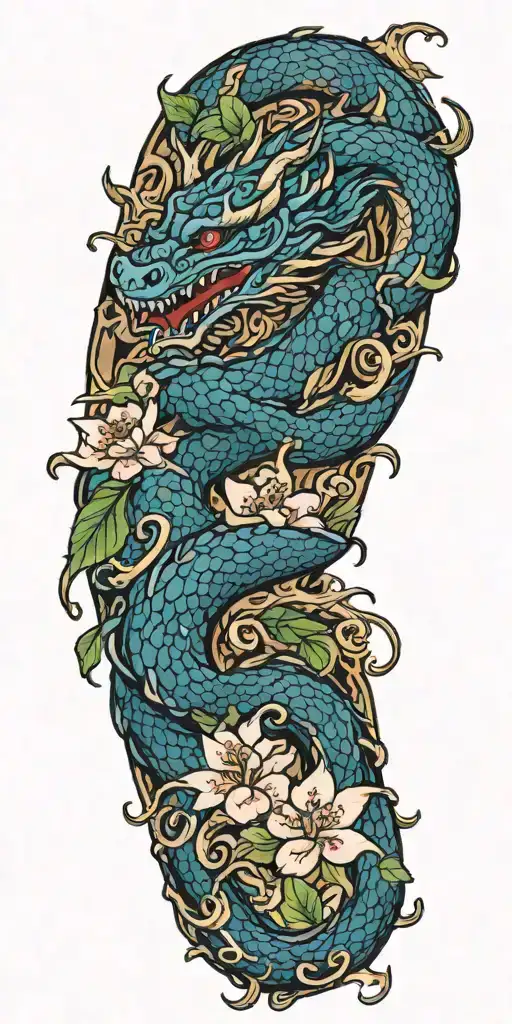 dragon cherry blossom branch pedal falling tattoo design idea