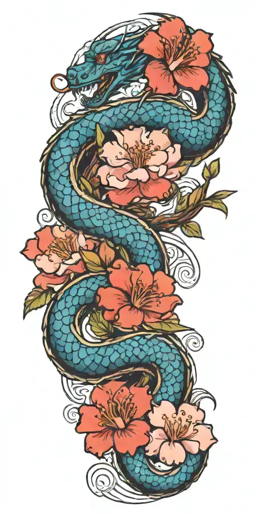 dragon cherry blossom branch pedal falling tattoo design idea
