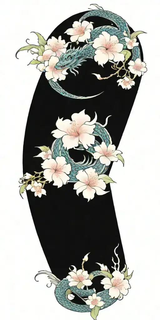dragon and  phoenix cherry blossom petals falling  tattoo design idea