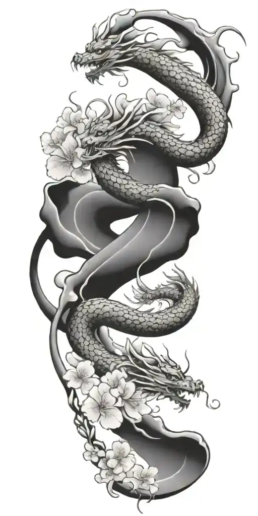 dragon coil and cherry blossom petals falling tattoo design idea