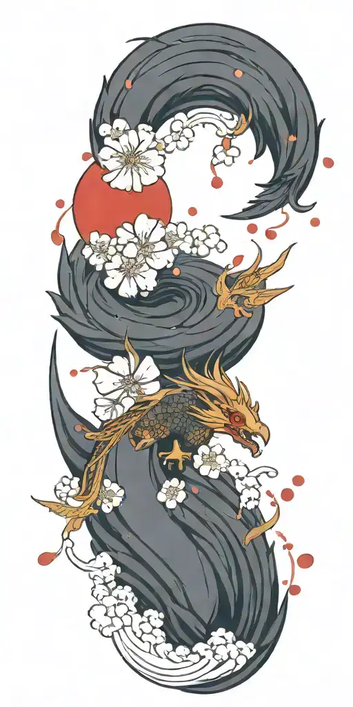dragon phoenix cherry blossom petals falling Icarus tattoo design idea