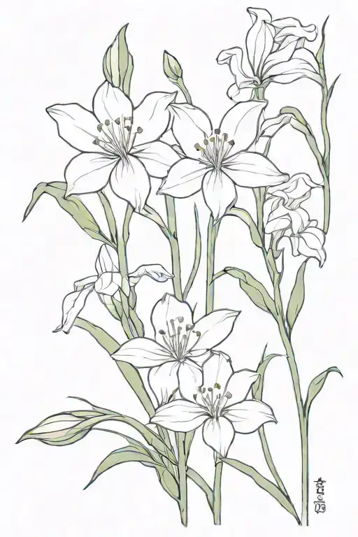 a small to medium-sized bouquet of one snowdrop, one gladiolus, one poppy, and one cosmos tattoo design idea