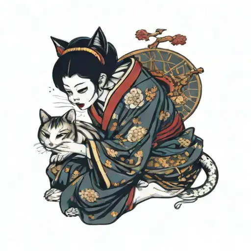 evil geisha holding a cat sitting sad tattoo design idea