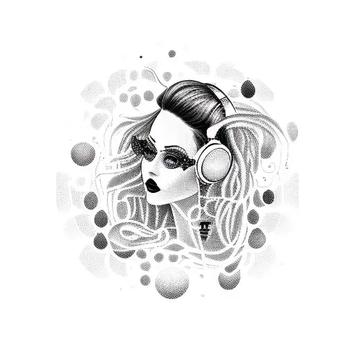 A dotwork tattoo of a goth woman with flowing hair, surrounded by silhouettes of concert speakers and music notes tattoo design idea