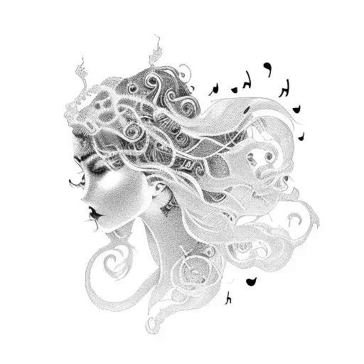 A dotwork tattoo of a goth woman with flowing hair, surrounded by silhouettes of concert speakers and music notes tattoo design idea