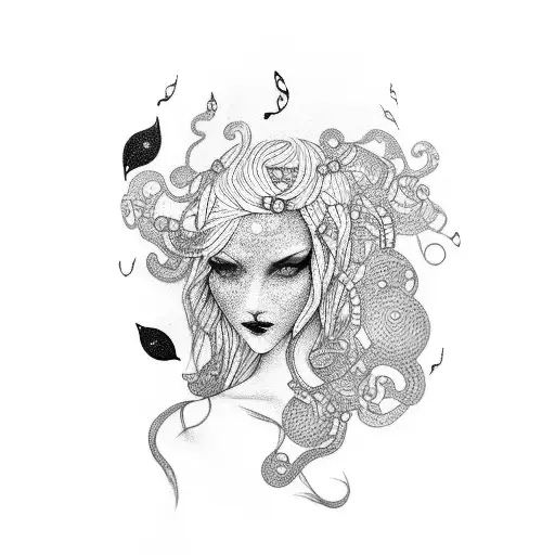 A dotwork tattoo of a goth woman with flowing hair, surrounded by silhouettes of concert speakers and music notes tattoo design idea