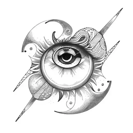 eye, sun, crescent moon, sea shell tattoo design idea