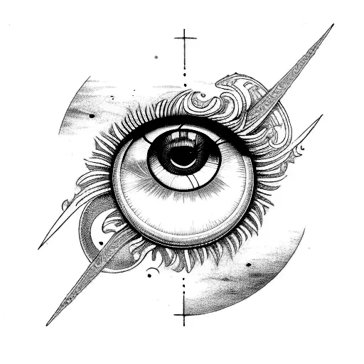 eye, sun, crescent moon, sea shell tattoo design idea