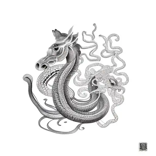 horse two roosters and a snake tattoo design idea