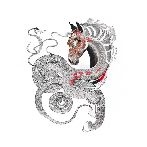 horse, roosters, snake tattoo design idea