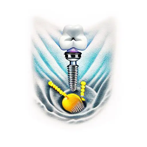 realistic  tattoo of dental  implant screw with a surfboard and waves tattoo design idea