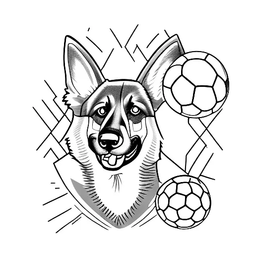 A minimalist tattoo of a German Shepherd dog holding a soccer ball, representing its passion for sports as a mascot tattoo design idea